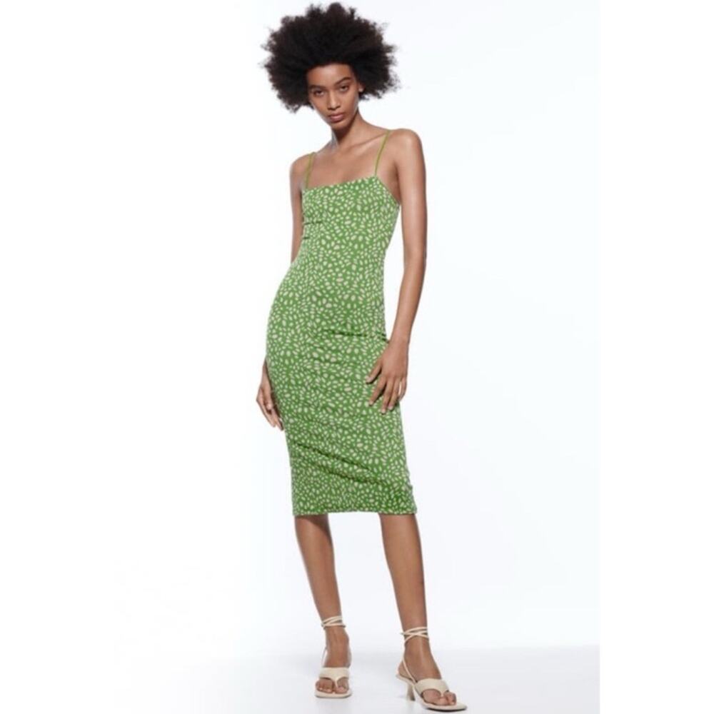 ZARA Dress M Midi Pencil Stretch Fit Green Pink Bodycon NWT